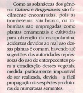 Trecho de uma edição de 1992 do jornal Infarma que menciona a possibilidade de erradicação de vegetais dos gêneros Datura e Brugmansia